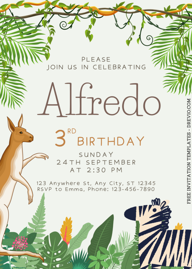 8+ Jungle Themed Canva Birthday Invitation Templates with Watercolor Kangaroo and Zebra