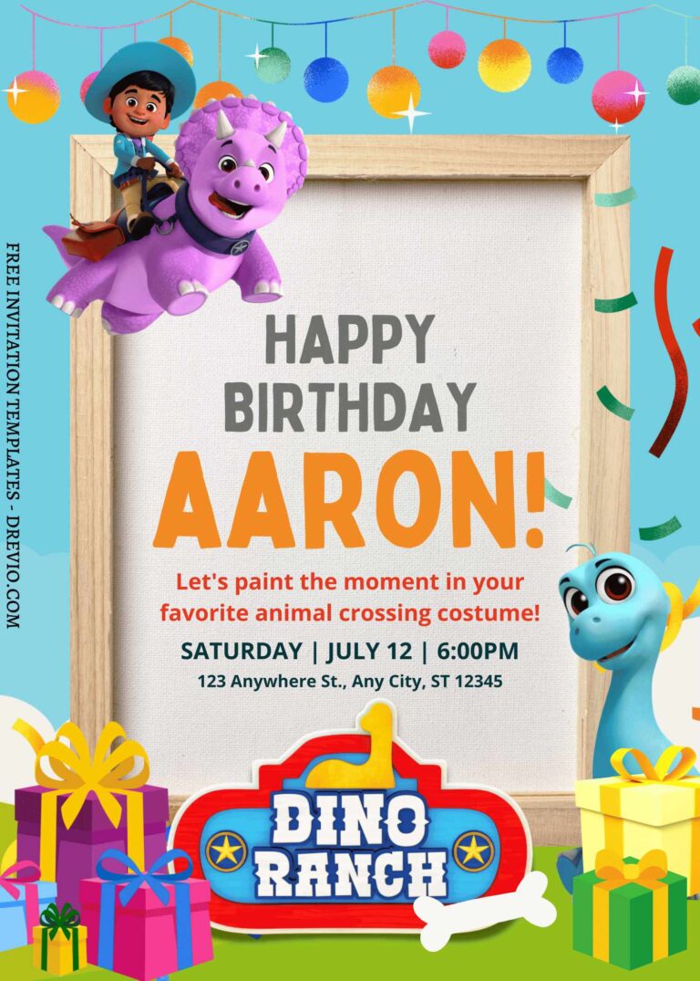 10+ Dino Ranch Party Park Canva Birthday Invitation Templates with Wooden picture frame