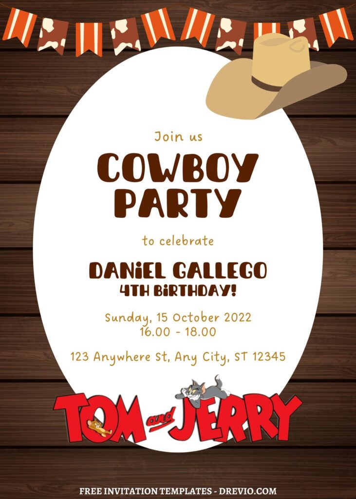 9+ Tom & Jerry Cowboy Up Canva Birthday Invitation Templates with cute garland
