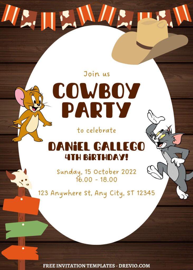 9+ Tom & Jerry Cowboy Up Canva Birthday Invitation Templates with wooden background