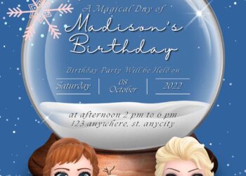 9+ Magical Snow Globe Frozen Canva Birthday Invitation Templates with Chiby Elsa and Anna