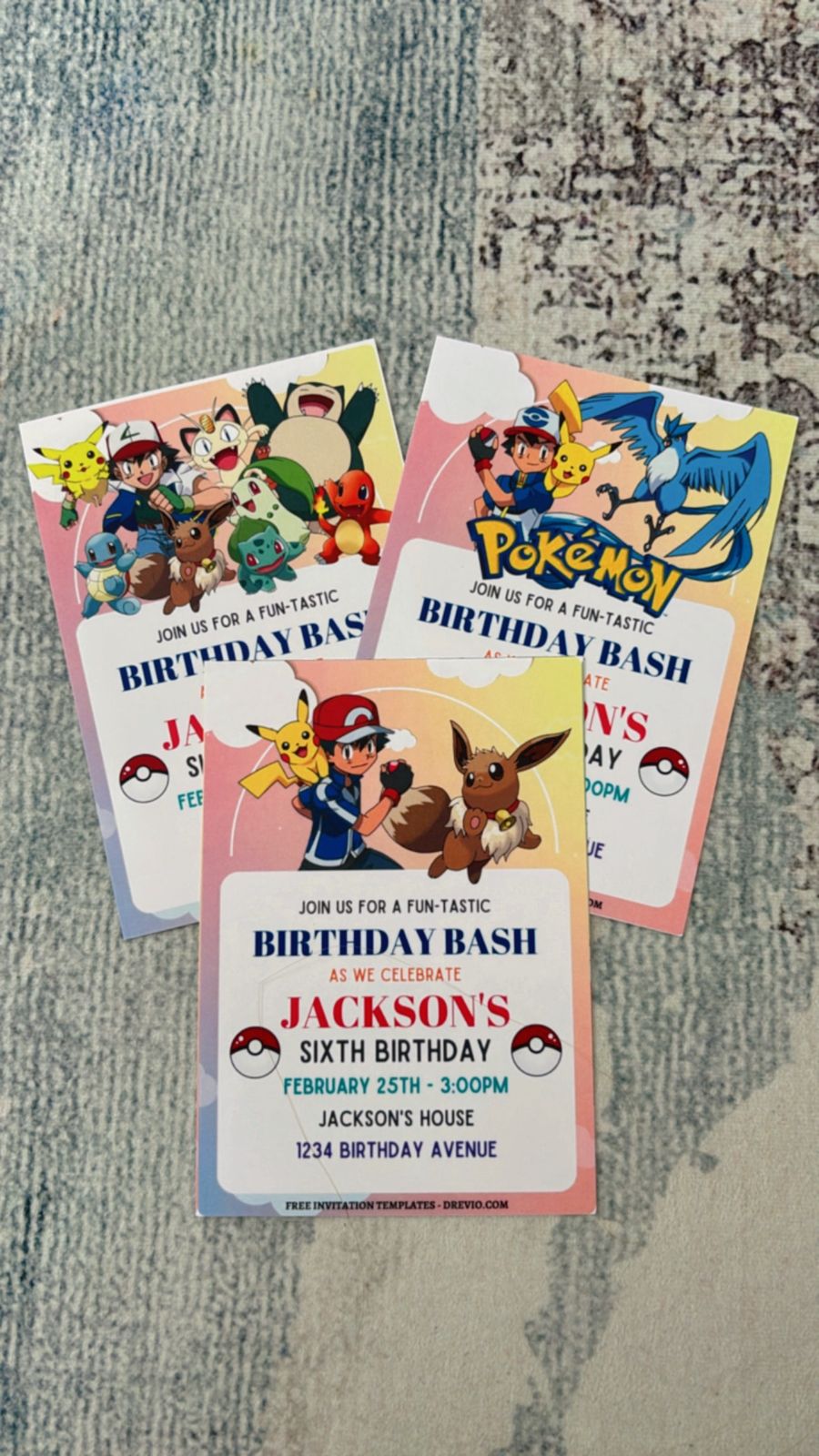 Minimal Pokéball-themed invitation design with clean center text and circular red-white icon patterns around edges