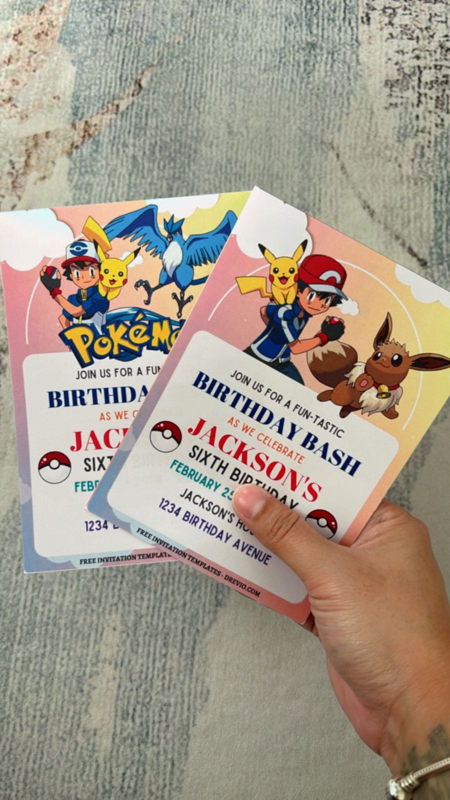 Pastel Pokemon birthday invitation with soft character-inspired colors, subtle spark effects, and rounded playful shapes