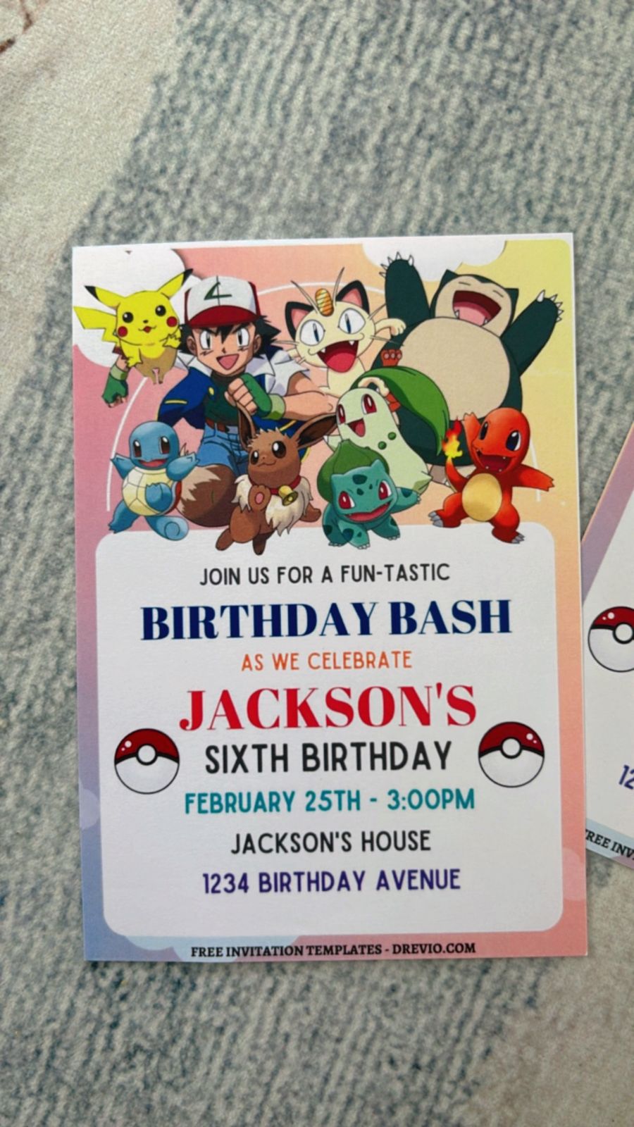 Pokemon birthday invitation with bold yellow background, lightning bolts, and Pokéball circle accents framing party details