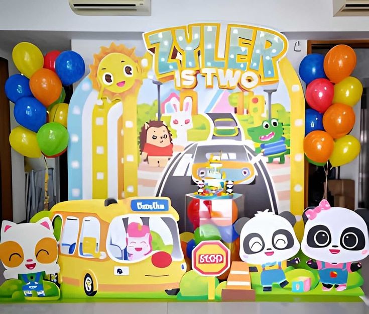 BabyBus birthday invitation with Kiki and Miumiu, colorful balloons, clouds, stars, and cheerful bus theme