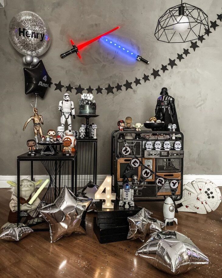 Space-themed Star Wars invitation with Millennium Falcon, X-Wing fighters, planets, constellations, and cinematic galaxy design