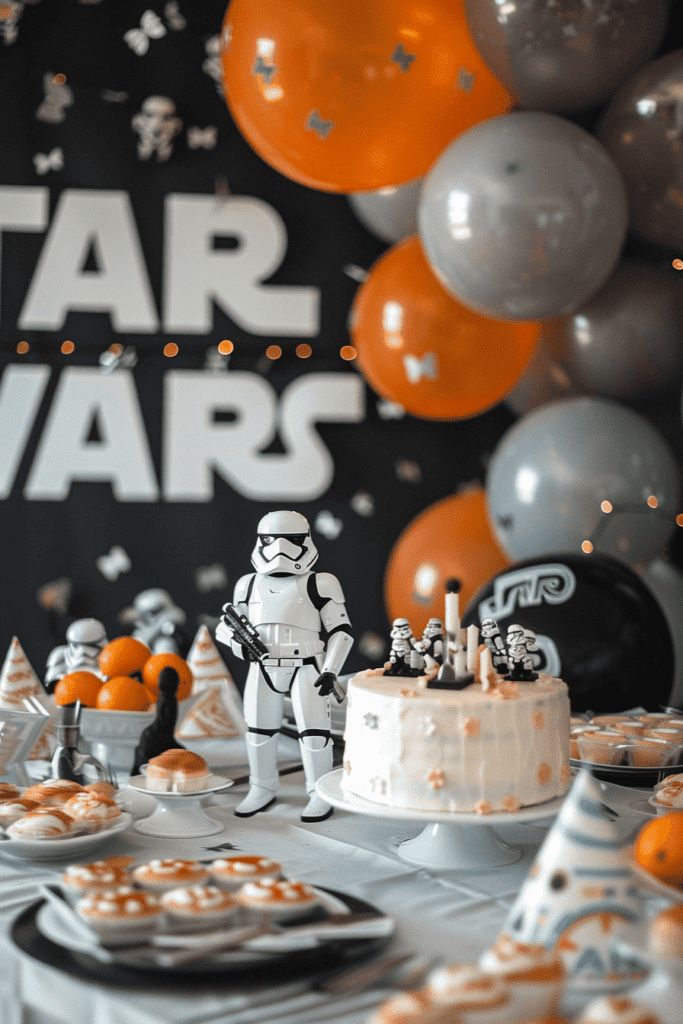 Star Wars Galaxy of Heroes birthday invite featuring character lineup, holographic interface, stars, and glowing blue accents