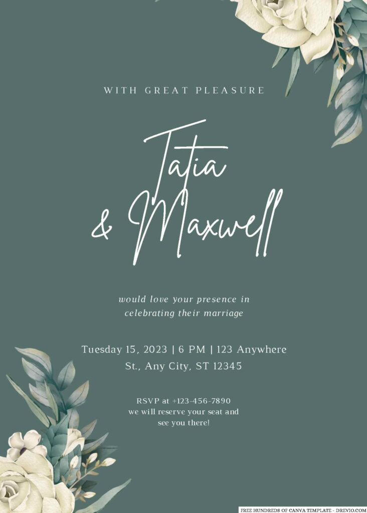 Free Editable Sage White Floral Bouquet Wedding Invitation