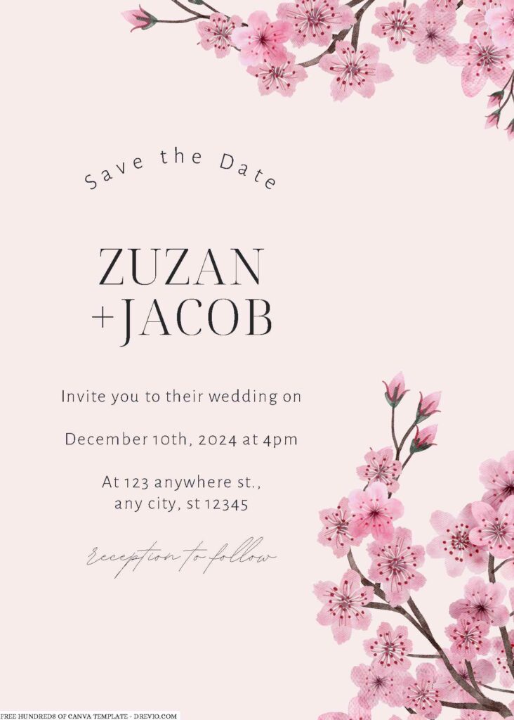 Free Editable Cream Cherry Blossom Watercolor Wedding Invitation