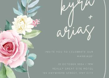 Free Editable Sage Pink Rose Bouquet Wedding Invitation