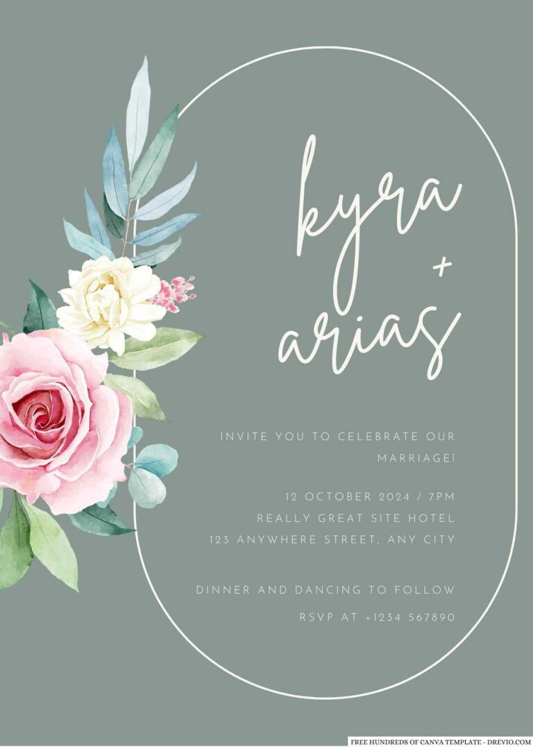 Free Editable Sage Pink Rose Bouquet Wedding Invitation