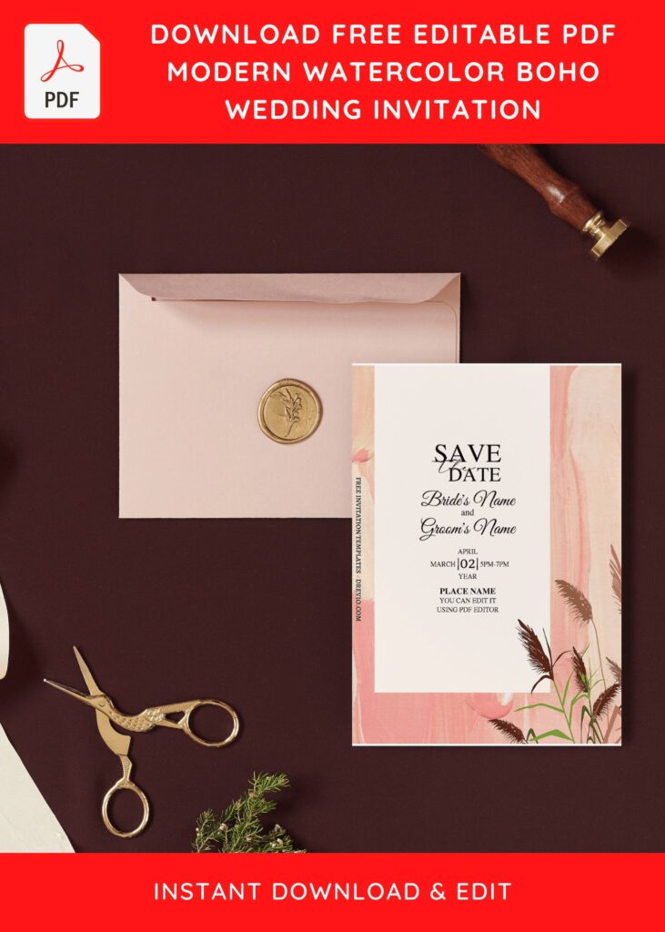 (Free Editable PDF) Modern Bohemian Greenery Wedding Invitation Templates with 