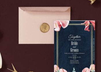 (Free Editable PDF) Elegant Moody Tulip And Lily Wedding Invitation Templates