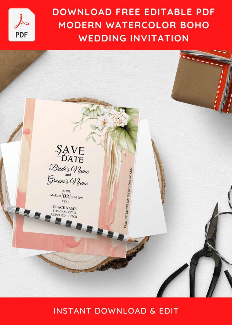(Free Editable PDF) Modern Bohemian Greenery Wedding Invitation Templates with watercolor beige background