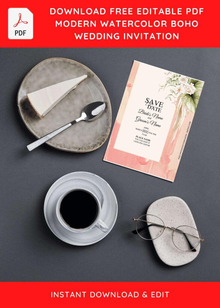 (Free Editable PDF) Modern Bohemian Greenery Wedding Invitation Templates with Greenery foliage