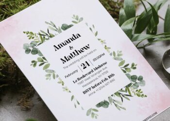(Free Editable PDF) Delicate Greenery Gold Frame Wedding Invitation Templates