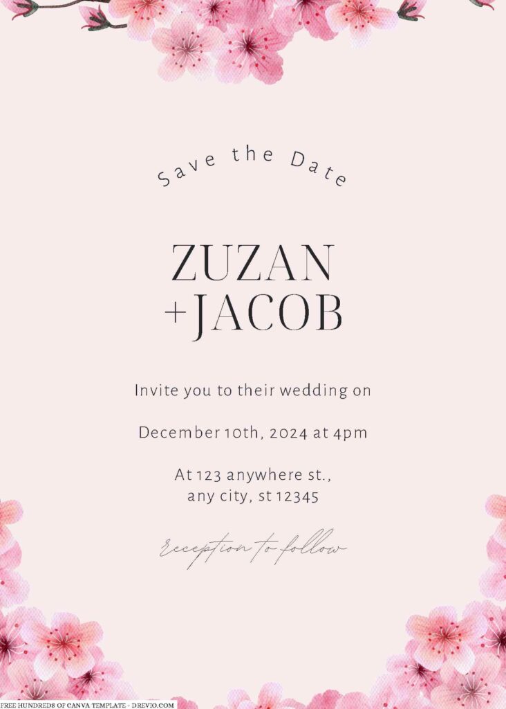 Free Editable Cream Cherry Blossom Watercolor Wedding Invitation