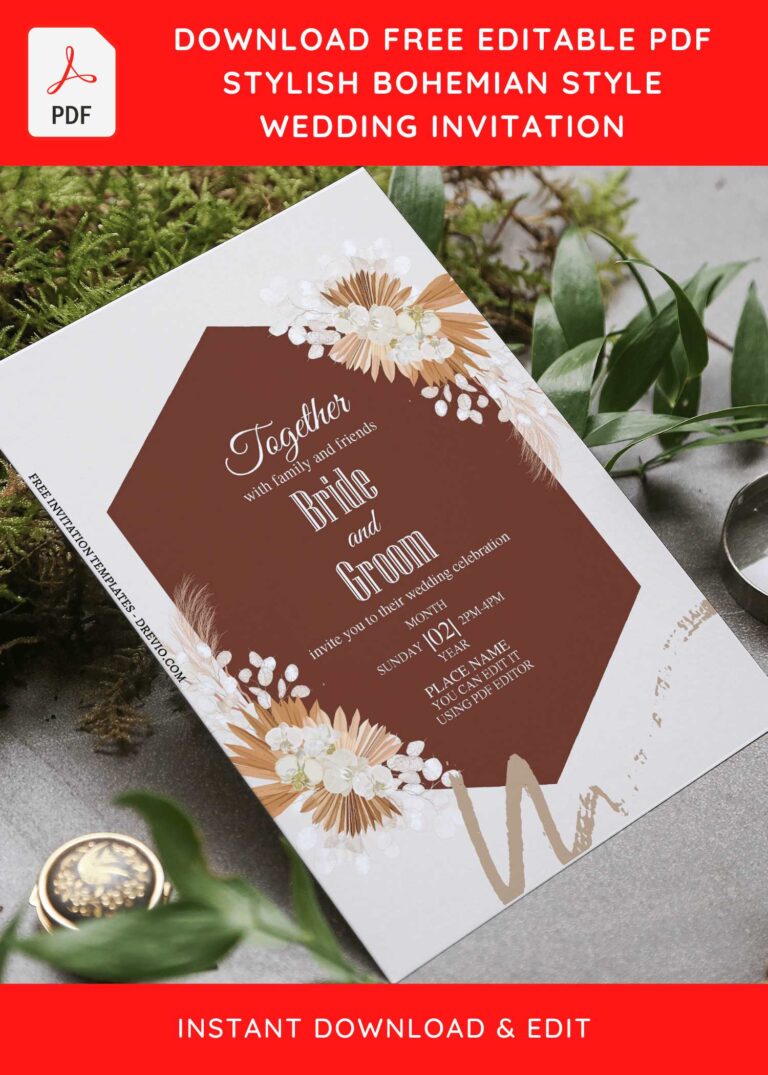 (Free Editable PDF) Earthy Bohemian Style Wedding Invitation Templates with Watercolor floral