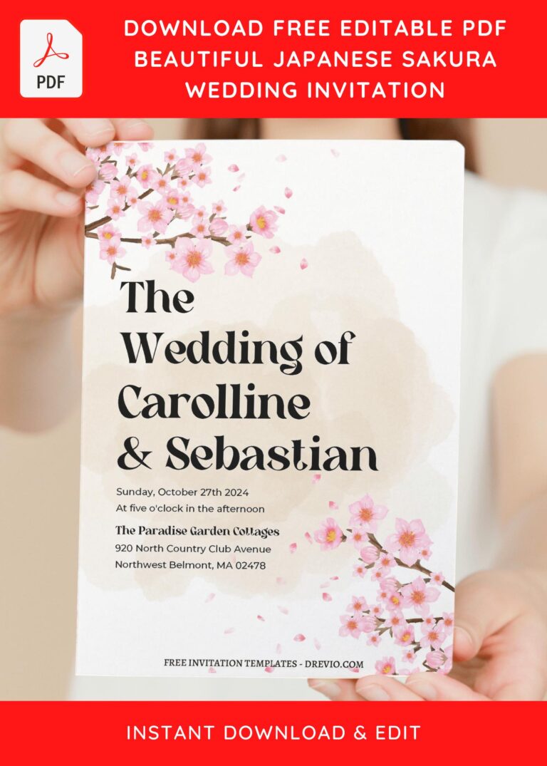(Free Editable PDF) Chic Sakura Garden Soiree Wedding Invitation Templates with beautiful hand drawn Sakura