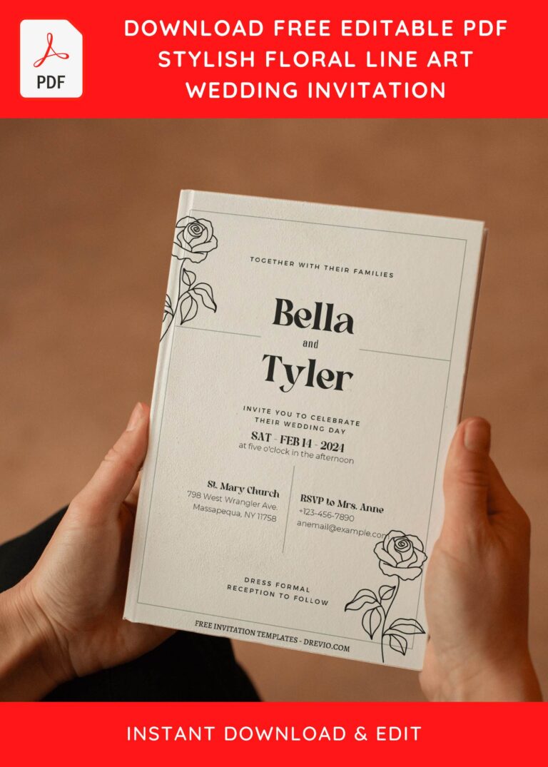 (Free Editable PDF) Hand Drawn Floral Linework Wedding Invitation Templates
