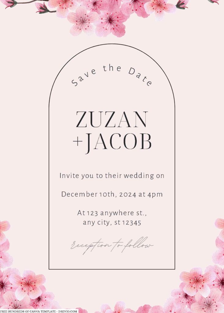 Free Editable Cream Cherry Blossom Watercolor Wedding Invitation