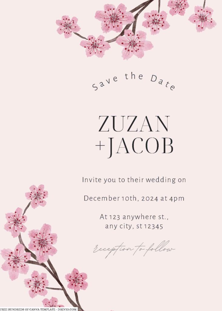 Free Editable Cream Cherry Blossom Watercolor Wedding Invitation