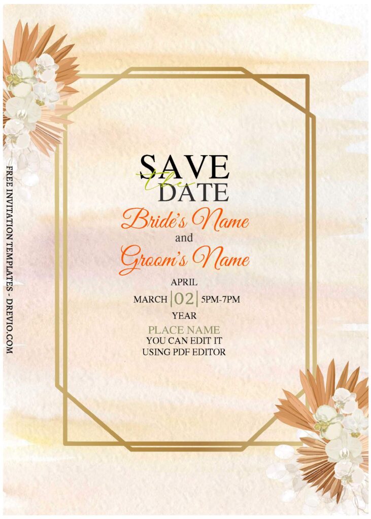 (Free Editable PDF) Refined Rustic Gold Boho Wedding Invitation Templates  with stunning gold asymmetric text frame