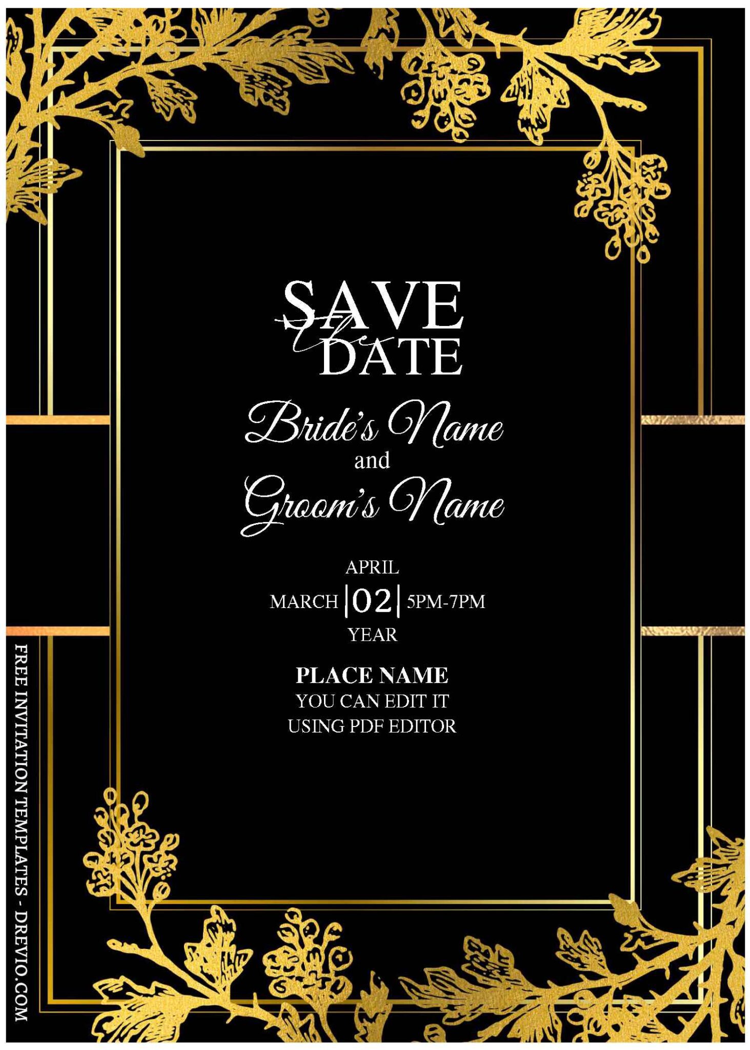 (Free Editable PDF) Luxury Black And Gold Floral Wedding Invitation ...