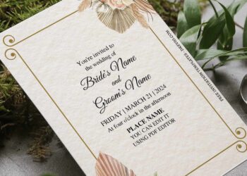 (Free Editable PDF) Simple Vintage Floral Wedding Invitation Templates with Boho Pampas Grass