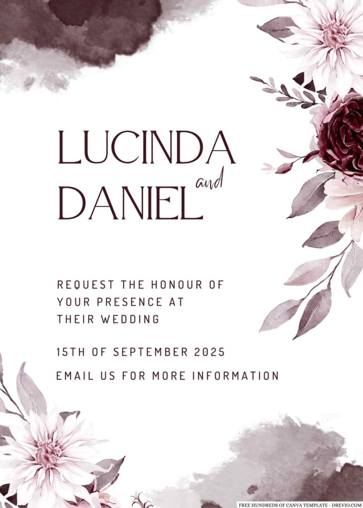 Free Editable Watercolor White Burgundy Flower Wedding Invitation