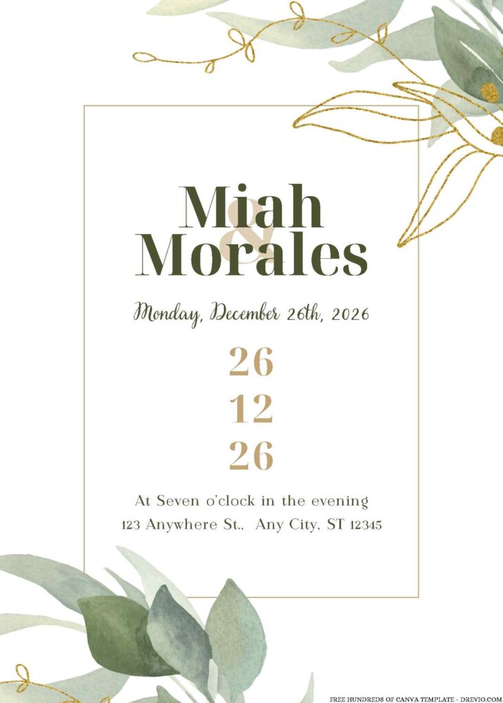 Free Editable Watercolor Floral Green Gold Leaves Wedding Invitation