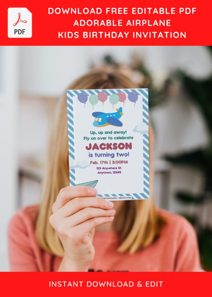 (Free Editable PDF) Adorable Airplane Themed Birthday Invitation Templates J