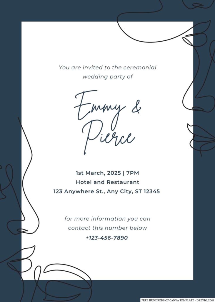 Free Editable Navy Blue Art Illustration Wedding Invitation