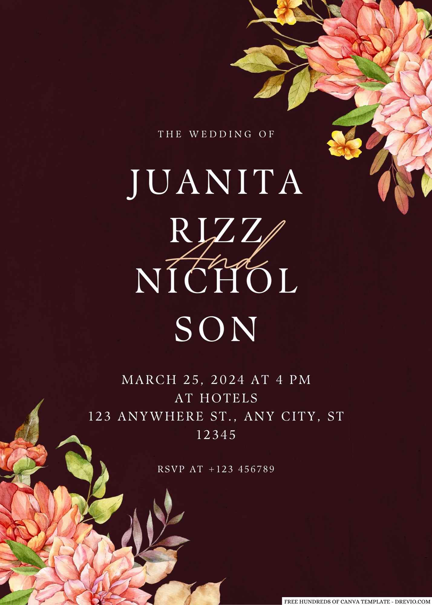 Free Editable Burgundy Fall Watercolor Floral Wedding Invitation