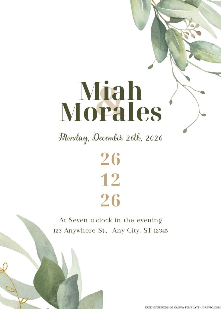 Free Editable Watercolor Floral Green Gold Leaves Wedding Invitation