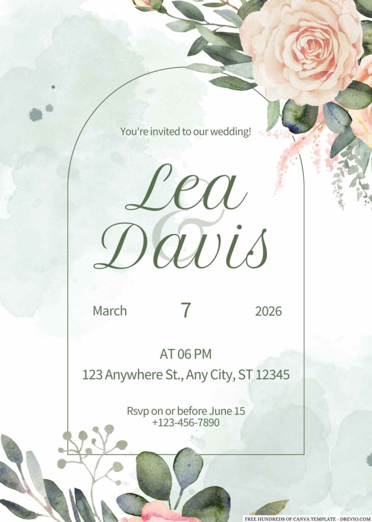 Decorative Greenery Floral Border Canva Wedding Invitation Templates