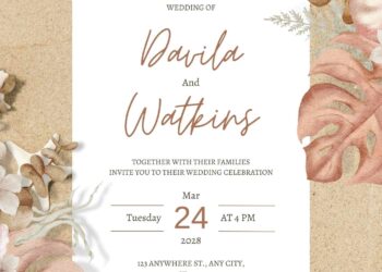 Free Editable Pink Boho Tropical Floral Watercolor Wedding Invitation