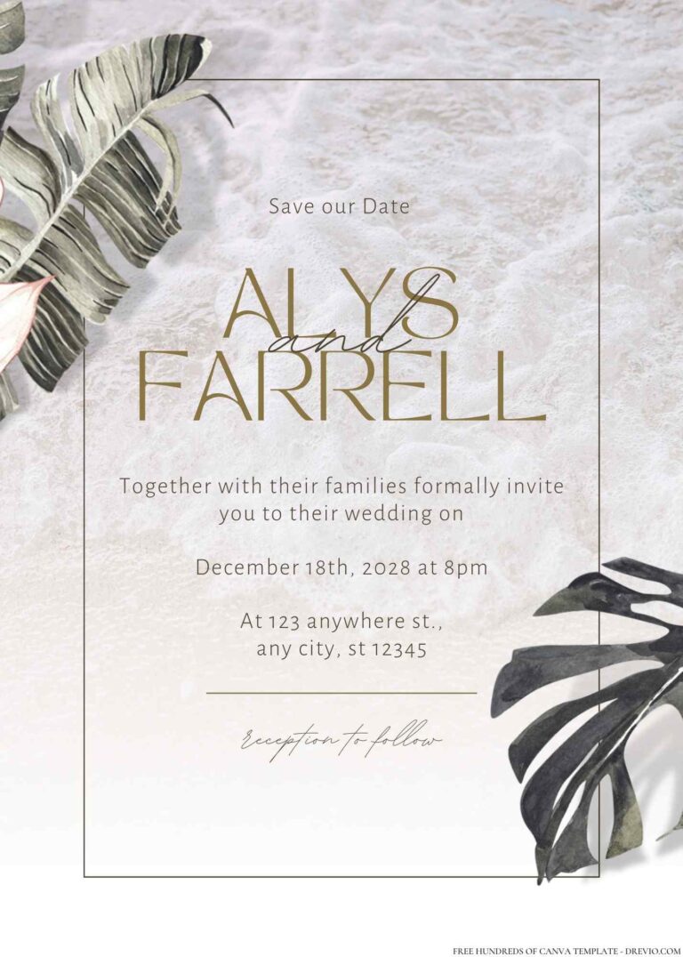 Tropical Bouquet Dark Green Canva Wedding Invitation Templates