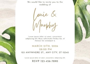 Free Editable Tropical Leaf Green Watercolor Wedding Invitation
