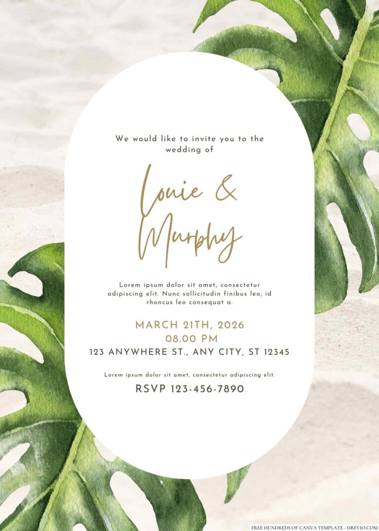 Free Editable Tropical Leaf Green Watercolor Wedding Invitation