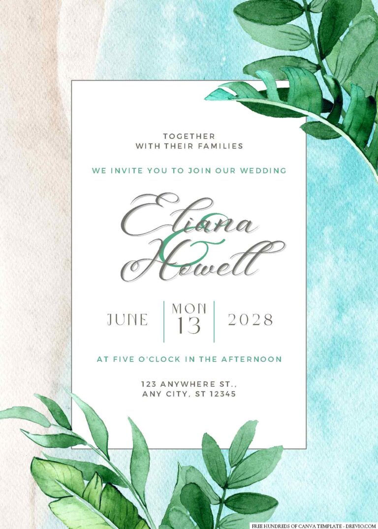 Free Editable Watercolor Tropical Leaves Greenery Wedding Invitation