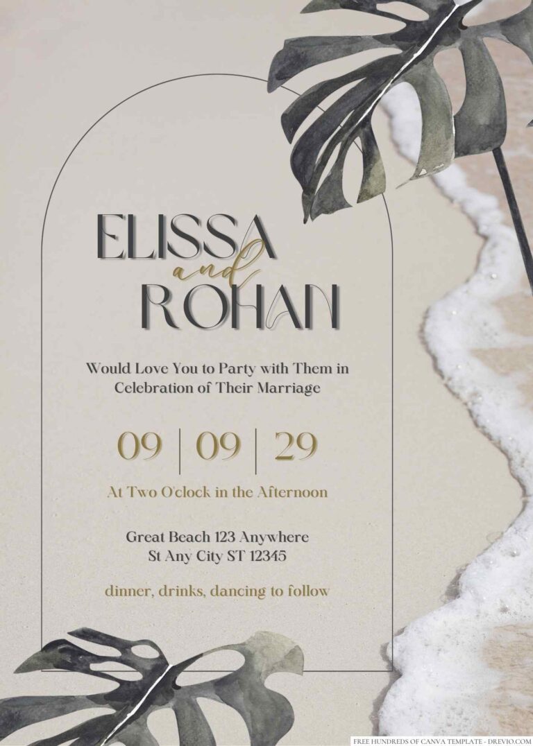 Free Editable Beach Tropical Monstera Wedding Invitation