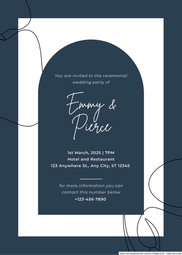 Free Editable Navy Blue Art Illustration Wedding Invitation