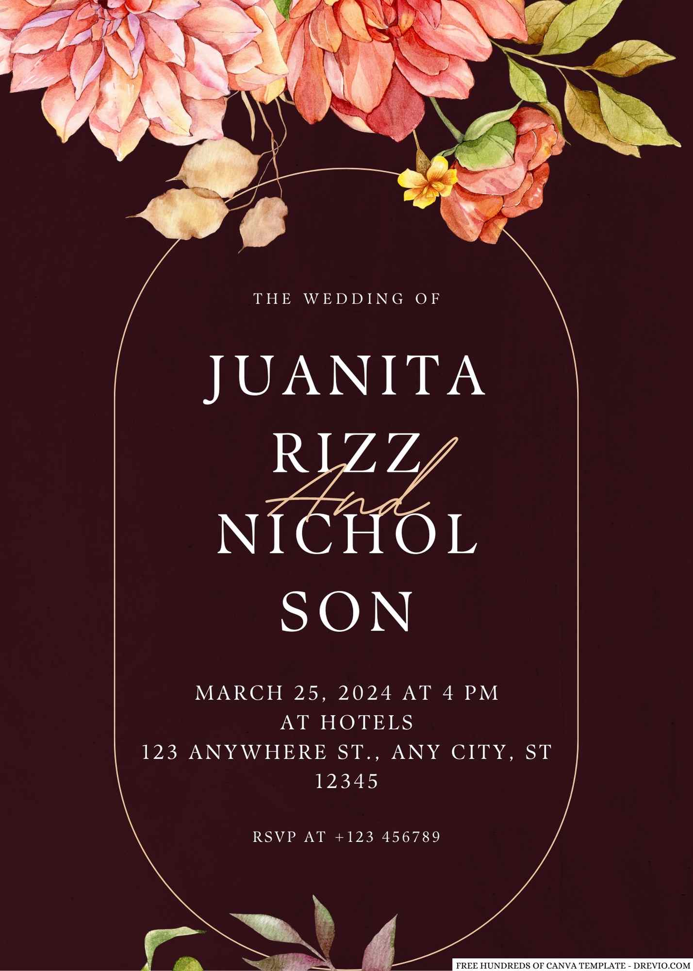 Free Editable Burgundy Fall Watercolor Floral Wedding Invitation