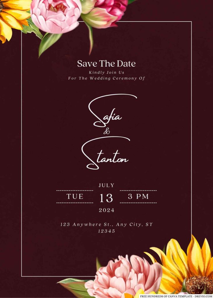 Free Editable Burgundy Sunflower Blush Peony Wedding Invitation