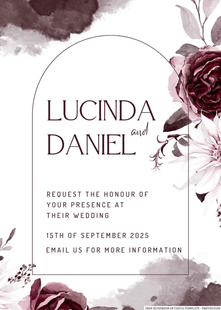 Free Editable Watercolor White Burgundy Flower Wedding Invitation