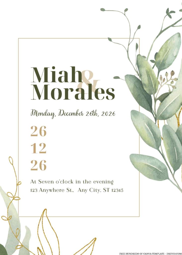 Free Editable Watercolor Floral Green Gold Leaves Wedding Invitation