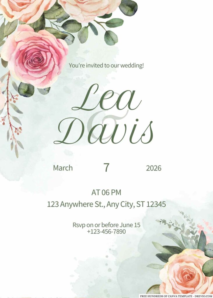 Decorative Greenery Floral Border Canva Wedding Invitation Templates