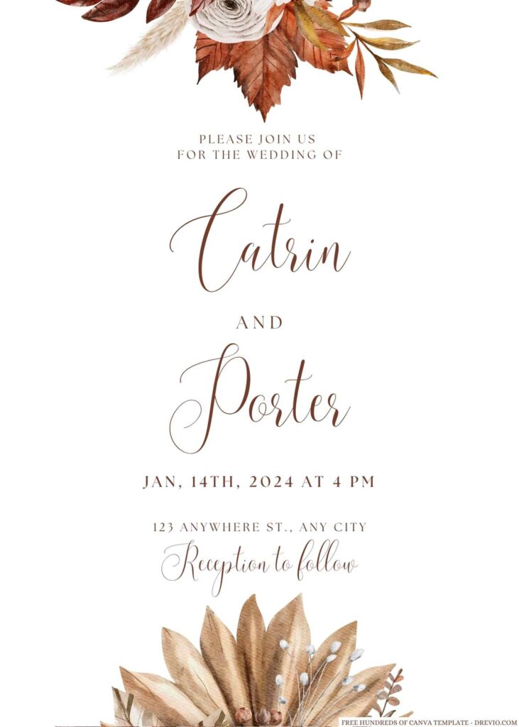 Free Editable Vintage Autumn Watercolor Wedding Invitation