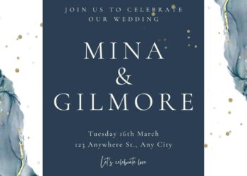 Navy Blue Gold Frame Canva Wedding Invitation Templates